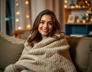 Cozy and Inviting: A Woman Wrapped in a Blanket Smiling at the Camera in Soft, Warm Lighting