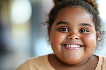 Naklejka premium A young girl with curly hair smiles brightly, radiating joy and happiness. Her cheerful expression and bright eyes capture the essence of pure childhood delight and innocence.