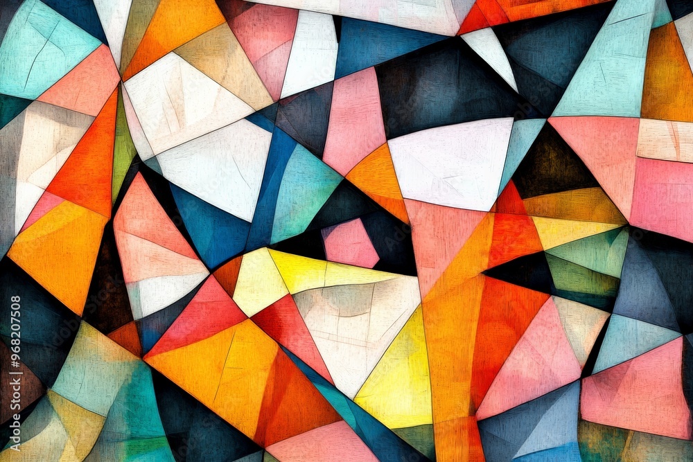 Poster This modern abstract painting features a vibrant array of colorful geometric shapes, creating a lively and energetic composition that brings a sense of movement and dynamism.