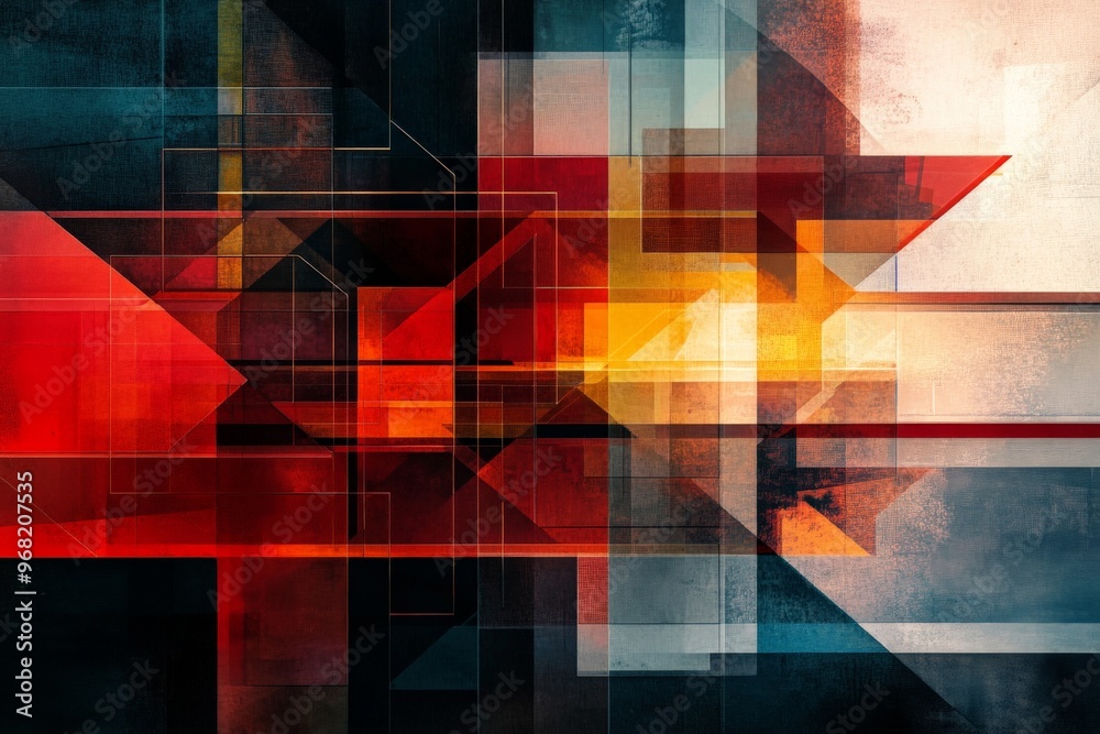 Aufkleber This dynamic abstract artwork is dominated by striking red and yellow hues, combined with geometric shapes and lines, creating a bold and eye-catching composition.