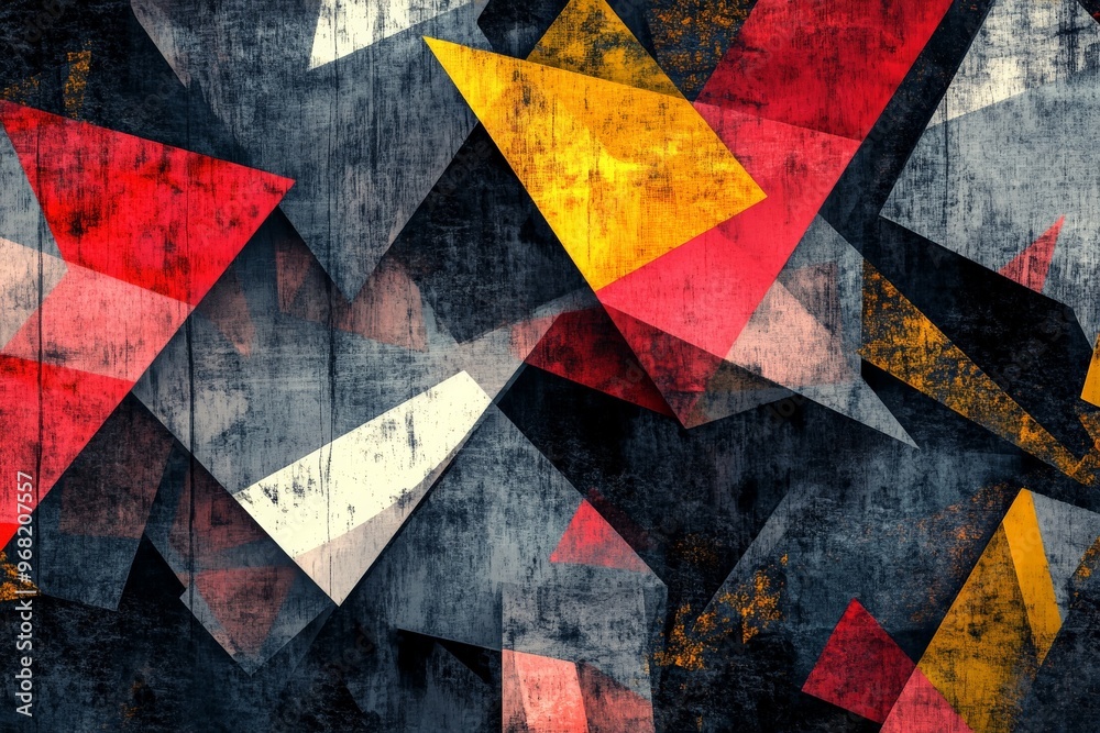 Aufkleber This grunge-inspired abstract artwork features sharp, angular shapes in shades of red, yellow, and black, creating a striking and edgy visual effect that's both modern and timeless.