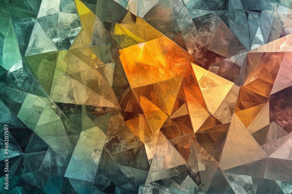 Fototapete This abstract artwork consists of faceted triangular shapes arranged in a multicolored pattern, creating a visually intricate and captivating design that evokes a sense of depth and complexity.