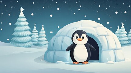 Cartoon penguin near igloo