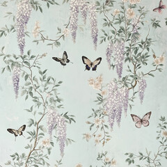 Charming floral illustration with cascading wisteria, graceful butterflies, and dainty pink flowers, all flowing across a soft blue-green backdrop for a whimsical touch.