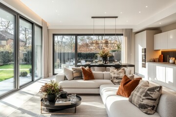 Fototapeta premium A contemporary living room designed with comfortable seating, stylish decor, and large windows offering a picturesque view of the garden, blending indoor and outdoor beauty seamlessly.