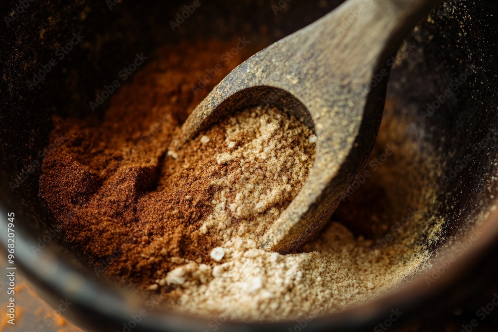 Aufkleber a close-up shot showing a variety of spices being mixed and stirred with a wooden spoon in a rustic 