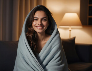 Cozy and Inviting: A Woman Wrapped in a Blanket Smiling at the Camera in Soft, Warm Lighting