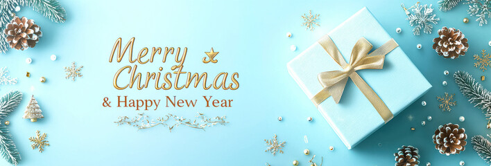"Merry Christmas & Happy New Year" Over Elegant Blue and Gold Presents.
