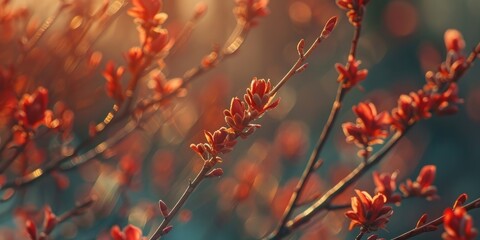 Crimson tree buds burst forth heralding nature s vibrant renewal in a captivating display of color for the arriving season