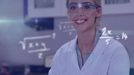 Animation of mathematical equations over caucasian female scientist in lab - Powered by Adobe