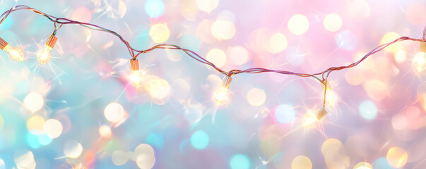 Fototapeta premium Festive Light Decorations for Christmas. A wide photo showcasing vibrant Christmas lights against a soft, colorful bokeh background. 