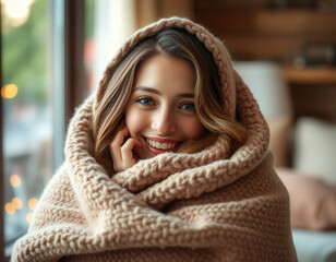 Cozy and Inviting: A Woman Wrapped in a Blanket Smiling at the Camera in Soft, Warm Lighting