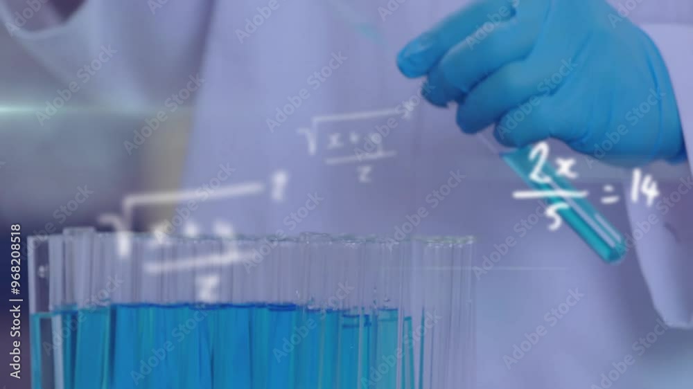 Poster animation of mathematical equations over caucasian scientist doing experiment in lab