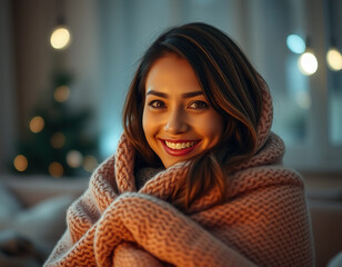 Cozy and Inviting: A Woman Wrapped in a Blanket Smiling at the Camera in Soft, Warm Lighting