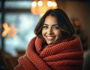 Cozy and Inviting: A Woman Wrapped in a Blanket Smiling at the Camera in Soft, Warm Lighting