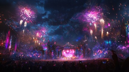 Obraz premium Concert Crowd Enjoying Fireworks Show
