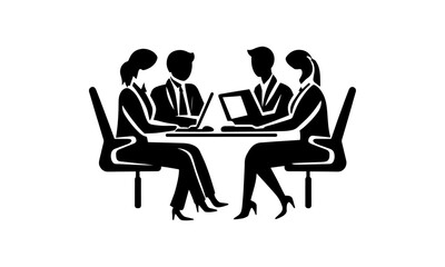 vector silhouettes of people talking and working together in the office at the table, symbolizing business and financial development