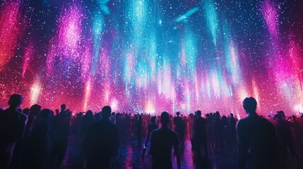 Obraz premium Crowd Silhouettes Under Neon Light Rain