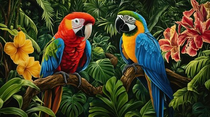 Obraz premium Two Macaws in a Lush Tropical Rainforest