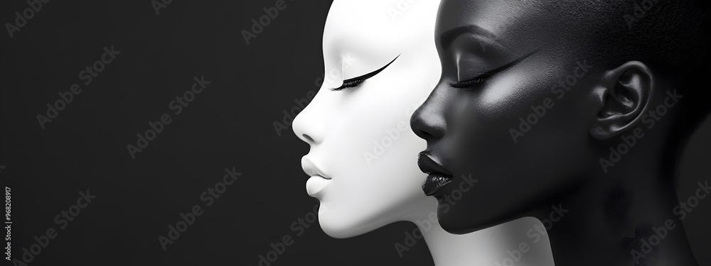 Wall mural Black and white photograph of two women's faces. One is white with closed eyes, the other has dark skin color