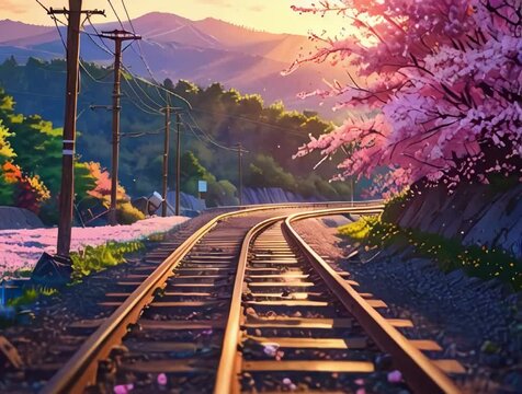 a serene Japanese countryside along a train track at golden hour, oozing tranquility and solitude. A lone cherry blossom tree stands majestically by the tracks