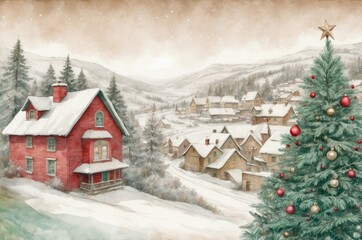 Fototapeta premium Vintage Illustration of Snowy Mountain Village with Decorated Christmas Tree, Classic Winter Holiday Scene for Festive Designs and Seasonal Graphics