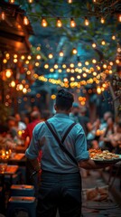 Fototapeta premium Waiter carrying a tray of food in a restaurant