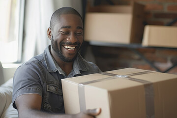 Happy biracial man feel excited unpacking delivery package