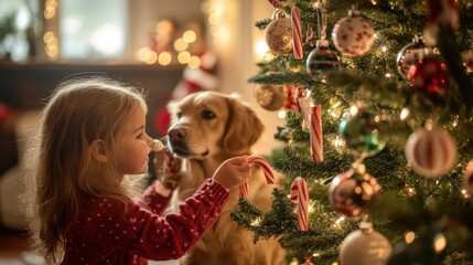 Little girl decorating a Christmas tree with candy canes and ornaments, dog watching