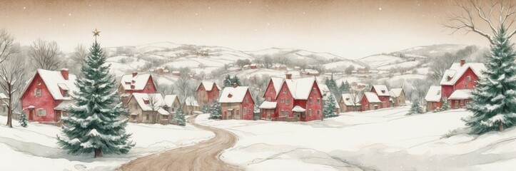 Fototapeta premium Vintage Watercolor Christmas Banner of Snowy Mountain Village with Pines, Traditional Festive Holiday Artwork