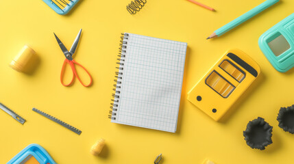 "Top view of school supplies, including a notebook, scissors, and a school bus toy, arranged on a yellow background."