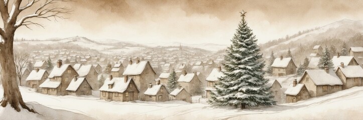 Festive Watercolor Christmas Banner with Snowy Mountain Village and Pine Trees, Ideal for Holiday Decorations and Designs