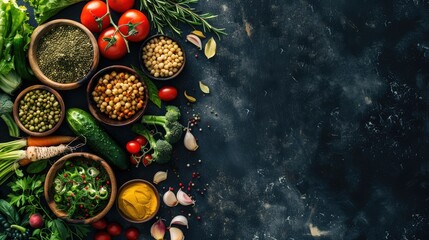 Healthy vegetarian cooking with tasty ingredients on dark vintage backdrop. Vegan diet concept. From above with empty space.