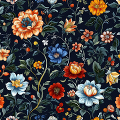 Chinoiserie wallpaper pattern featuring a seamless design of a variety of colorful flowers-red, orange, blue, and white: arrange on a dark blue background, with intricate leaves and vines intertwining