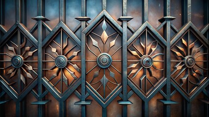Ornate metal gate with intricate designs and warm lighting creating a dramatic atmosphere copy space