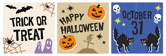 Halloween graphics or social media posts. Vector hand made illustrations perfect for print or digital.