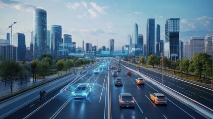 Fototapeta premium Autonomous Driving in a Futuristic Cityscape