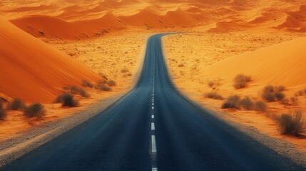 desolate desert road flanked by sand dunes, illustrating solitude in the wilderness concept great for banners