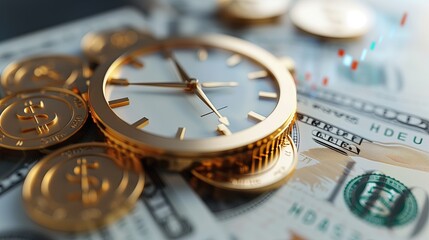 This is a visually striking composition of a classic clock that is set creatively on top of various dollar bills and coins, symbolizing the inherent value of time in finance and investments