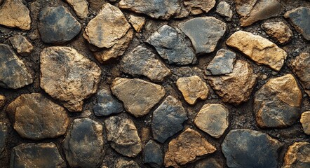 Fototapeta premium Close-up of textured stone wall featuring various shapes and colors in natural light