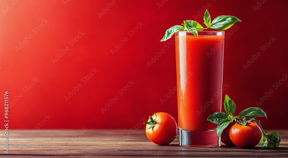 Wall mural freshly prepared tomato juice garnished with mint leaves alongside ripe tomatoes on rustic wood