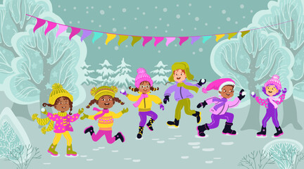 Fototapeta premium Happy children have fun on a walk in the park. Outdoor activity. Boys and girls in bright clothes against the winter landscape. Cartoon kids in the forest. Hand-drawn flat illustration.