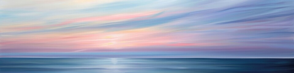 Obraz premium Tranquil coastal view at dusk featuring soft-hued skies and delicate clouds along the horizon.
