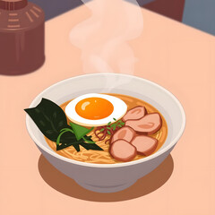 Delicious bowl of ramen with egg and slices of meat served at a cozy eatery