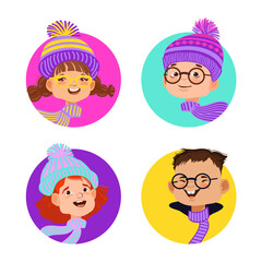 Happy cartoon kids. Set of winter portrait avatars. Vector illustration.