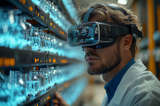 A researcher using virtual reality to simulate complex chemical reactions. Concept of advanced computational science. - Powered by Adobe