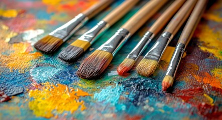 Fototapeta premium Colorful paint palette with assorted brushes arranged artistically on a vibrant background