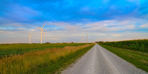 Windmills along a gravel road near Pony Express Lake, Missouri.
