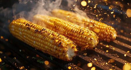 Grilled corn on the cob roasting on a barbecue grill with spices and smoke in the evening