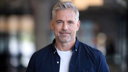 Fototapeta premium Confident Middle-Aged Man with Salt-and-Pepper Hair Smiling, Wearing a Casual Navy Blue Shirt in a Blurred Indoor Setting